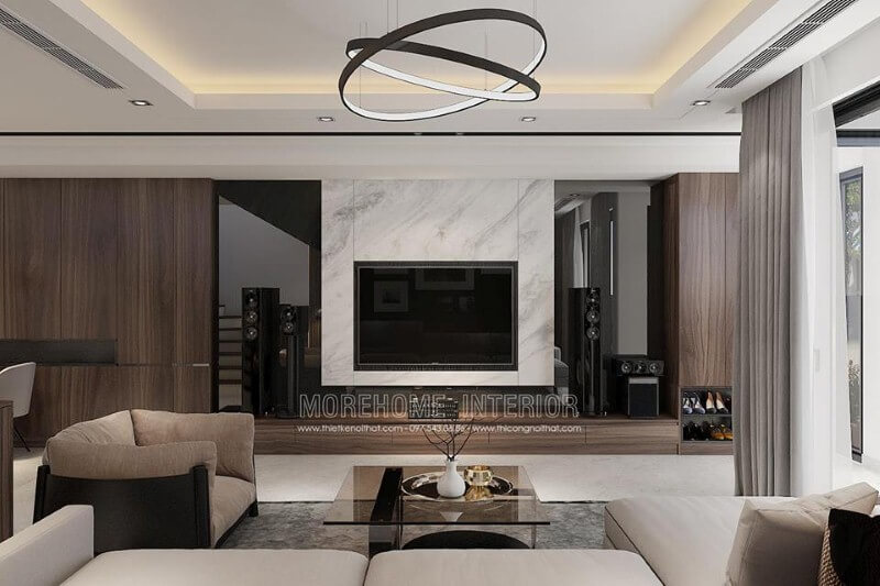 Đá trang trí phòng khách trắng vân mây đẹp sang trọng lựa chọn ấn tượng cho phòng khách hiện đại. đá ốp tường phòng khách