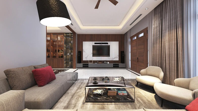 Đá trắng vân mây kết hợp gỗ ốp tường vân óc chó cao cấp tạo nên vẻ đẹp sang trọng đầy lôi cuốn cho phòng khách hiện đại. đá ốp tường phòng khách
