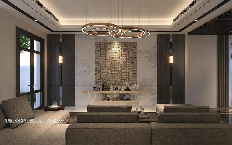 Đá ốp tường vân mây cùng họa tiết 3D điểm nhấn tạo góc nhìn độc đáo, sang trọng cho phòng khách biệt thự, nhà phố hiện đại. đá ốp tường phòng khách