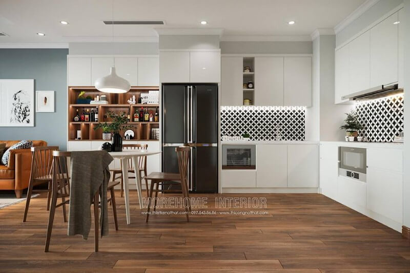 Điểm nhấn của không gian bếp là đá ốp bếp nhân tạo họa tiết lạ mắt làm nổi bật không gian bếp Đá nhân tạo cho nhà bếp