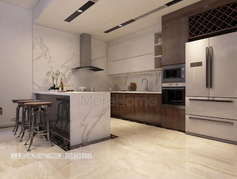 Lựa chọn đá nhân tạo vân mây màu trắng dùng ốp mặt quầy bar cũng như tường và mặt bếp mang lại sự sạch sẽ và dễ lau chùi hơn cho người nội trợ Đá nhân tạo cho nhà bếp