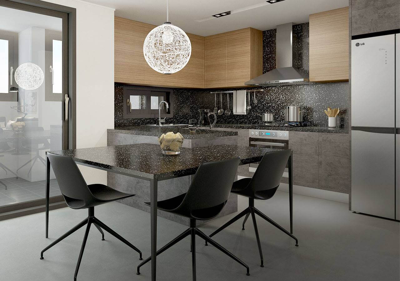 Thiết kế/Thi công/Sử dụng ốp đá nhân tạo solid surface đồng bộ màu của mặt bếp, tường bếp, bàn ăn Đá nhân tạo cho nhà bếp