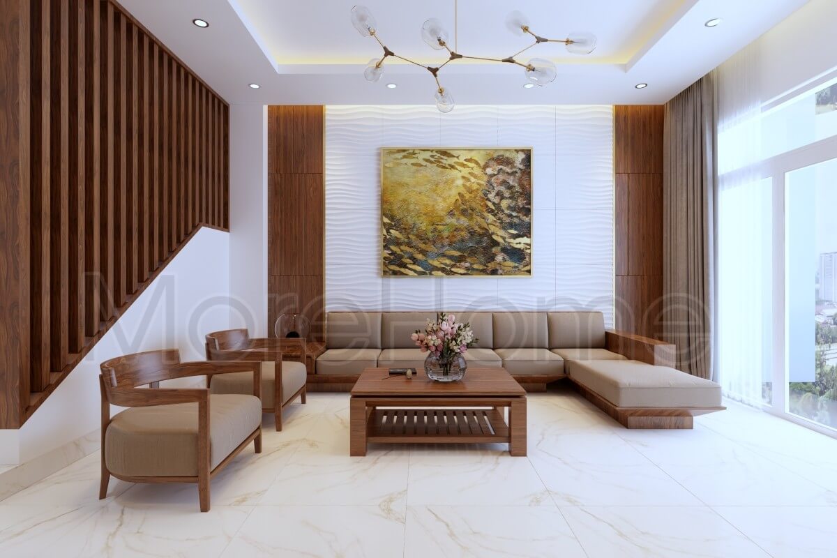 Lựa chọn đá nhân tạo cho tường và sàn phòng khách cho phòng khách giúp căn phòng thoáng rộng hơn Đá nhân tạo ốp tường phòng khách