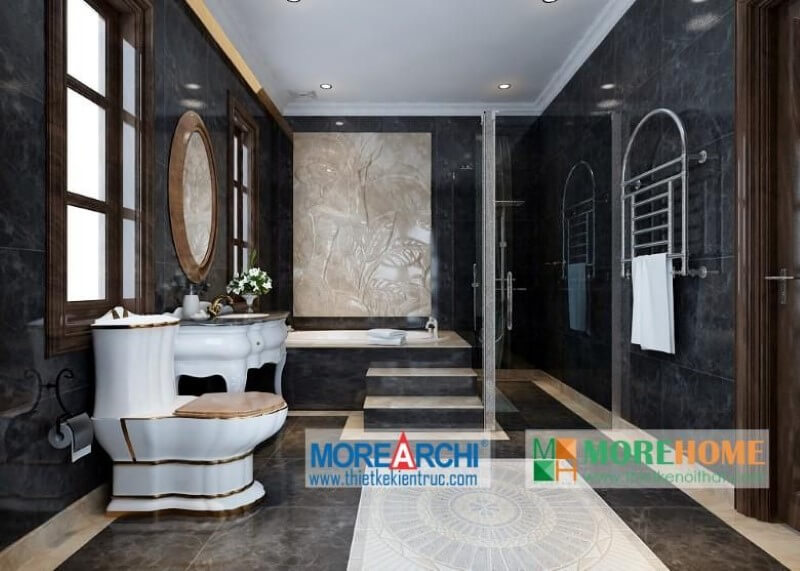 Thiết kế phòng tắm rộng với nội thất đá, kính giúp không gian phòng thoáng và rộng rãi hơn