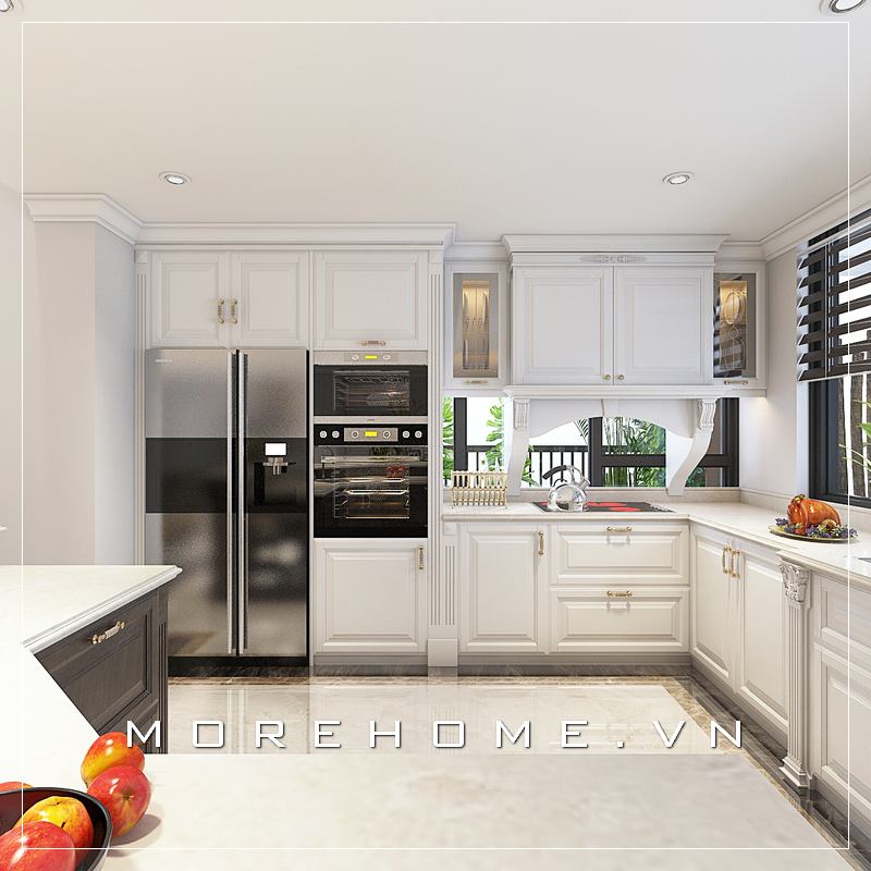 Mẫu tủ bếp gỗ tự nhiên, mặt bếp ốp đá trắng cao cấp được thiết kế đường nét tân cổ điển ấn tượng và sang trọng