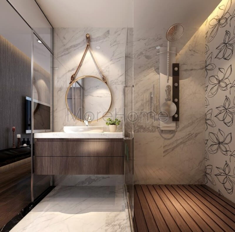 Đá ốp tủ lavabo nhân tạo solid surface không chỉ mang lại sự sang trọng còn giúp cho gia chủ dễ dàng lau chùi vệ sinh hơn đá ốp phòng tắm