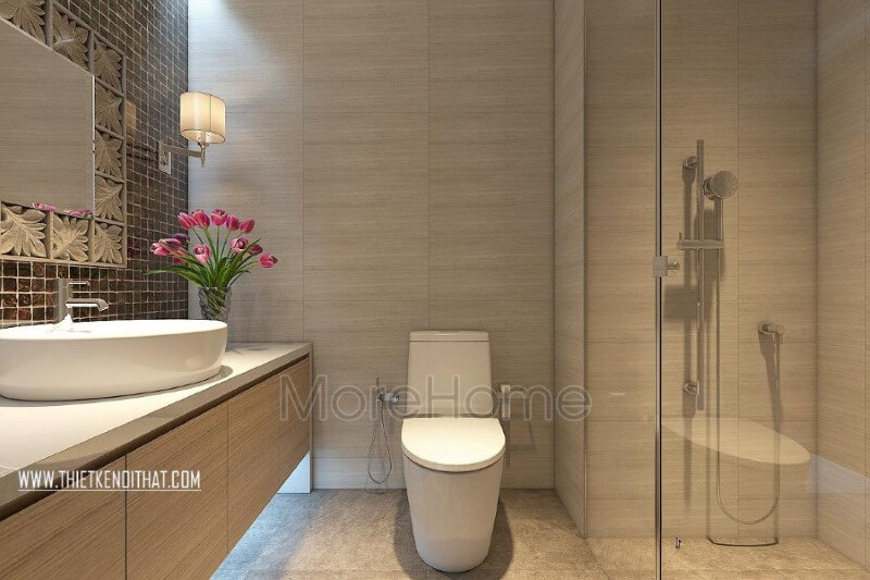 Đá ốp nhân tạo mặt tủ lavabo giúp cho gia chủ dễ dàng dọn dẹp, lau chùi vệ sinh hơn đá ốp phòng tắm