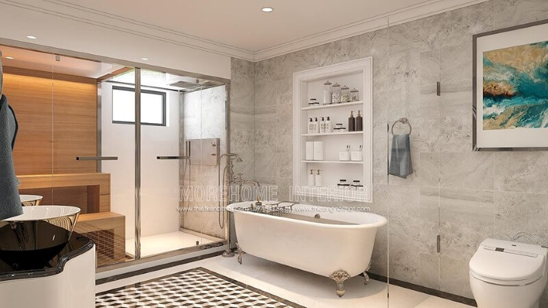 Đá ốp phòng tắm cao cấp, gạch lát nền giả cổ, bồn tắm trắng hoa văn cổ điển cùng vách tắm kính cường lực trong suốt đã tạo nên không gian phòng tắm thông thoáng, đẹp mắt và sang trọng. đá ốp phòng tắm