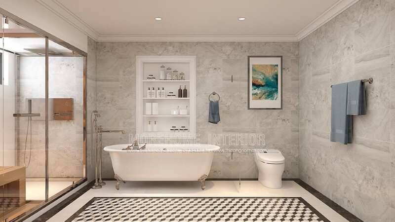 Bồn tắm độc lập Vitoria Hafele cao cấp kết hợp cùng cách bố trí khoa học, thẩm mỹ từ đá ốp tường, gạch lát nền giả cổ, vách tắm kính đã tạo nên không gian phòng tắm đẹp, sang trọng, độc đáo. đá ốp phòng tắm