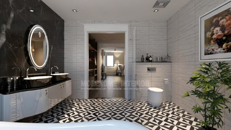 Đá ốp tủ lavabo solid surface cao cấp màu đen mang lại cho không gian phòng tắm thêm phần sạch sẽ và hiện đại hơn đá ốp phòng tắm