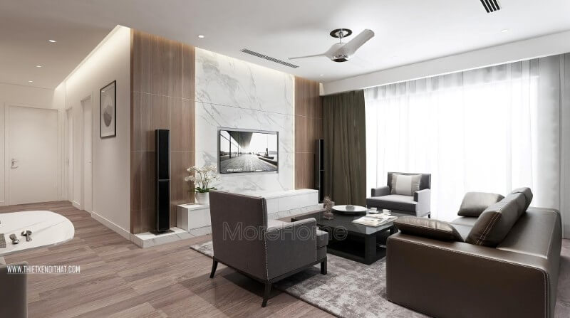 Đá ốp tường nhân tạo màu trắng vân mây cũng là chất liệu được gia chủ lựa chọn trong mẫu thiết kế chung cư cao cấp này đá ốp phòng khách cao cấp