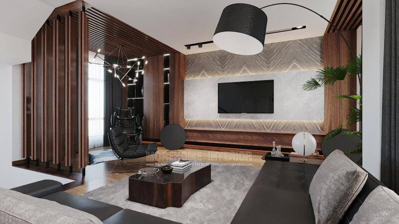 Mảng tường phòng khách được ốp đá nhân tạo cao cấp là điểm nhấn đẹp mắt cho khu vực tiếp khách của gia chủ/ đá ốp phòng khách cao cấp