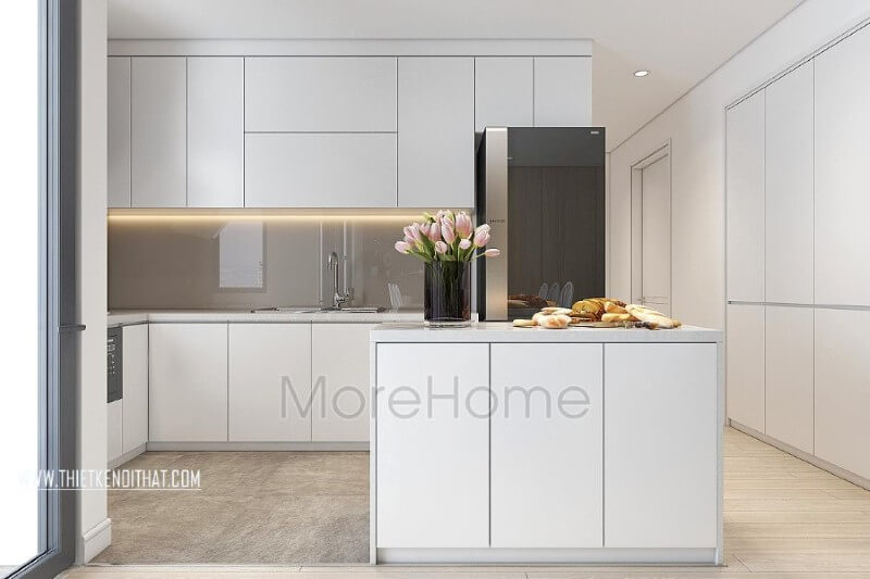 Vẫn là gam màu trắng thuộc tone màu chủ đạo, đá ốp mặt bàn bếp màu trắng cao cấp không hề đơn điệu, buồn tẻ màmang đến sự hài hòa và tinh tế hơn cho cả không gian phòng bếp đá ốp bếp