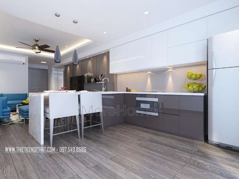 Phòng bếp tinh tế gây ấn tượng với gia chủ bởi đá ốp bếp màu trắng vân mây tinh tế đá ốp bếp