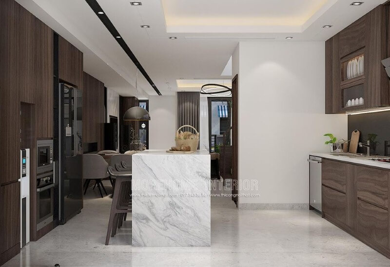 Bàn đảo bếp đá vân mây đẹp tạo nên điểm nhấn ấn tượng cho không gian bếp. đá ốp bếp