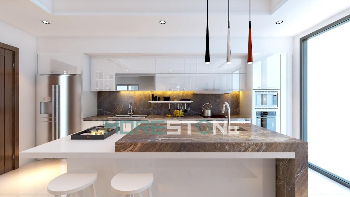 Xu hướng mới gia chủ sử dụng đồng bộ mặt bếp và tường bếp bằng ốp đá để tăng tính thẩm mỹ, hợp vệ sinh trong thiết kế bếp đá ốp bếp