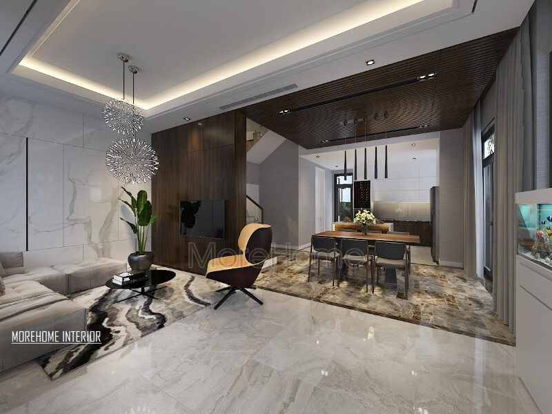 Điểm nhấn ấn tượng giữa gỗ ốp tường cùng đá lát sàn cao cấp tạo nên ánh nhìn hiện đại, độc đáo cho phòng khách liền bếp ăn. Thiết kế nội thất phòng khách nhà phố
