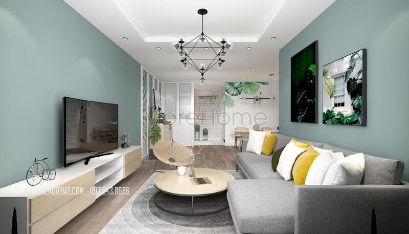 Sofa chữ I bọc nỉ Bỉ cao cấp kết hợp cùng một chiếc bàn trà gỗ nhỏ tròn chân sắt được kê ngay chính giữa nền thảm trải sàn hình họa tiết đồng tâm tạo được sự tập trung của người nhìn ở không gian phòng khách