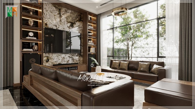 Đá ốp vách tivi mang đến sự sang trọng và điểm nhấn giúp không gian phòng khách trở nên nổi bật và ấn tượng hơn.