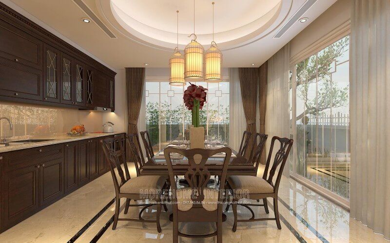 Tủ bếp đẹp được bố trí liền kề với không gian ăn uống giúp gia chủ tiết kiệm thời gian trong quá trình sử dụng bữa ăn đầy ấm áp và sang trọng.