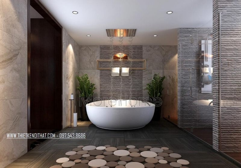 Thiết kế trần thạch cao phẳng với hệ thống đèn sưởi và đèn âm trần để tạo nên một không gian ấm cúng cho phòng tắm hiện tại.