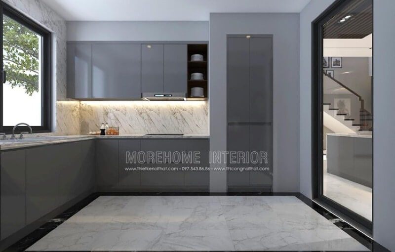 Tủ bếp hiện đại với chất liệu gỗ acrylic màu xám độc đáo mang lại sự sang trọng và ấn tượng.