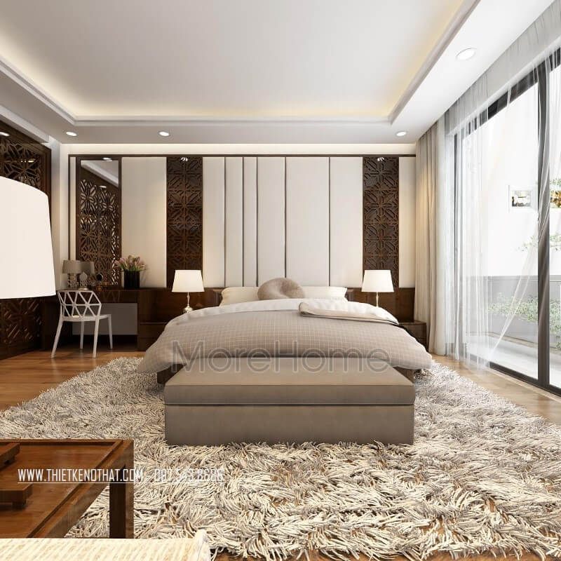 Chọn một giường ngủ có đầu giường làm bằng gỗ tự nhiên với tap để trang trí phòng ngủ của nhà phố đẹp.