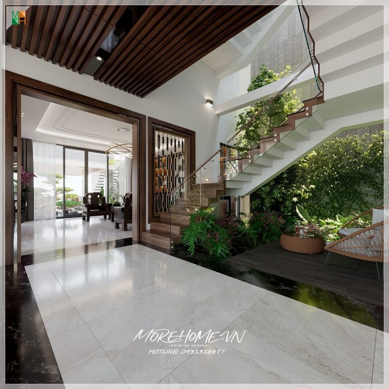 Không gian xanh mát đã tận dụng một góc nhà để trồng cây cảnh và hoa lá, tạo nên một không gian sống đầy tràn ngập sự sống.