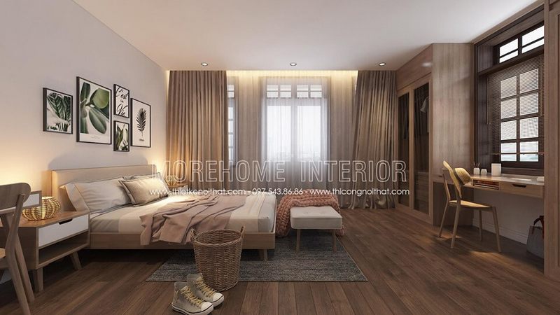 Mẫu giường ngủ gỗ tự nhiên bọc sofa hiện đại có gam màu kem nhẹ nhàng nhưng vẫn đảm bảo sự sang trọng.