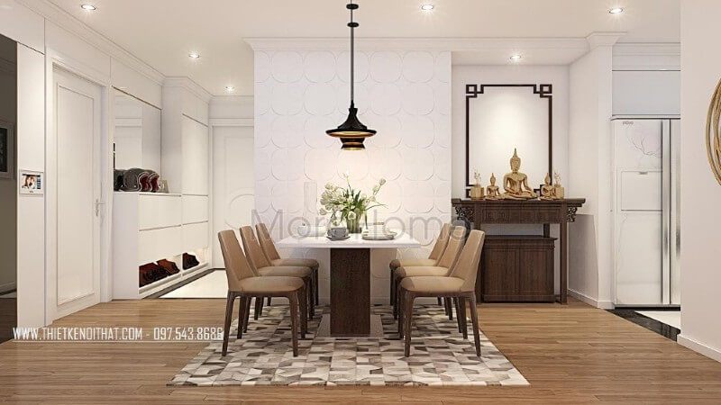 Dựng lại nội thất phòng ăn chung cư hiện đại và sang trọng.