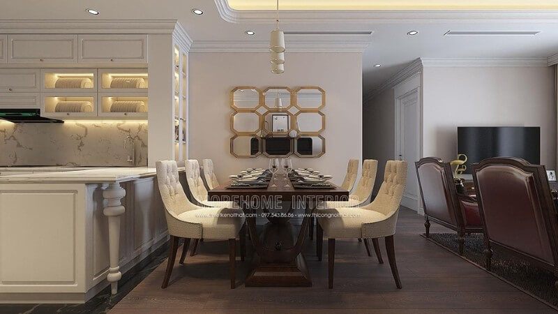 .
Không gian phòng ăn tân cổ điển được trang trí bằng một gương ghép độc đáo và phong thủy, đặc biệt làm nổi bật.