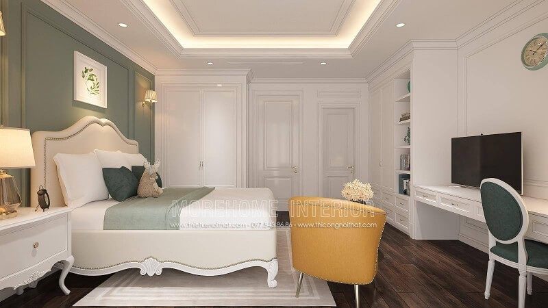 Tủ quần áo có thiết kế kết hợp với kệ trang trí màu trắng đẹp và hiện đại, tạo nên một không gian phòng ngủ thời thượng.
