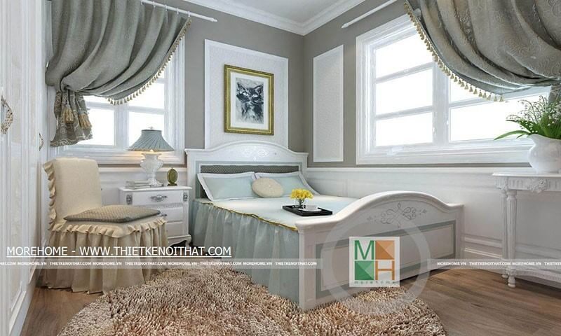 Giường ngủ nhỏ màu trắng với đường cong nhẹ nhàng làm nên một điểm nhấn ấn tượng, tôn lên sự sang trọng cho căn phòng.